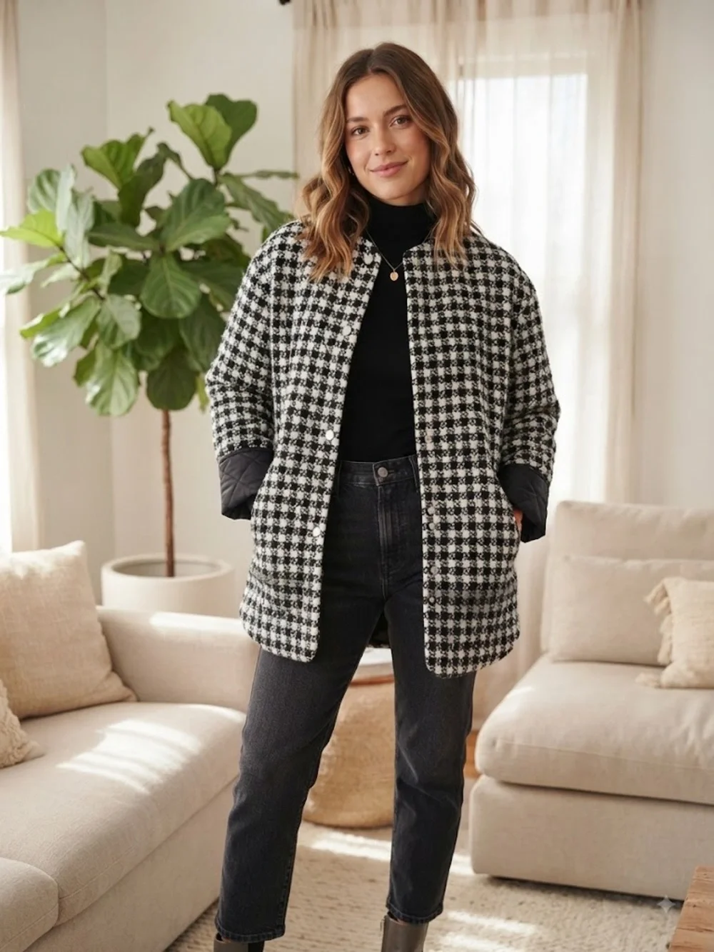 Zara Black & White Houndstooth Quilted Jacket - Size